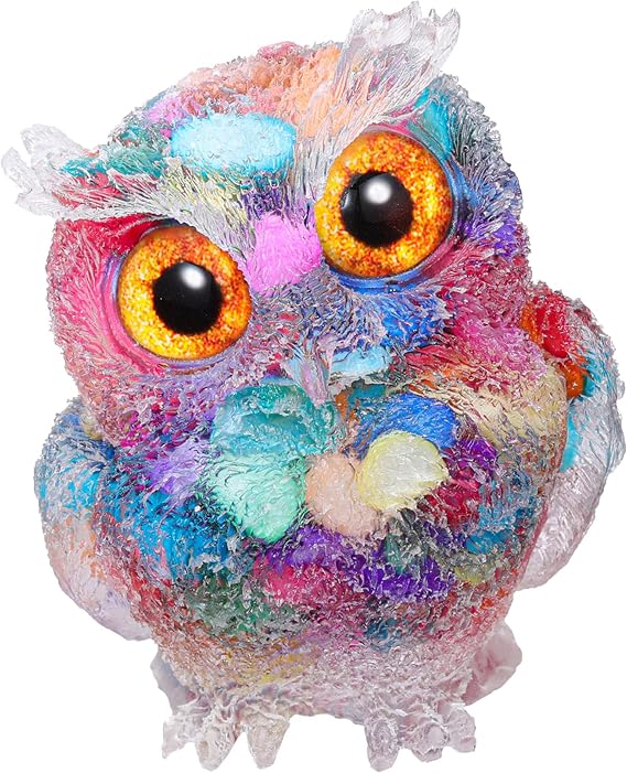 Jovivi 2.5" Rainbow Shell Crystal Owl Statue Carved Resin Reiki Healing Crystal Pocket Stone Sculpture Gemstone Animal Owl Figurines Ornament Cute Room Office Decor Gifts