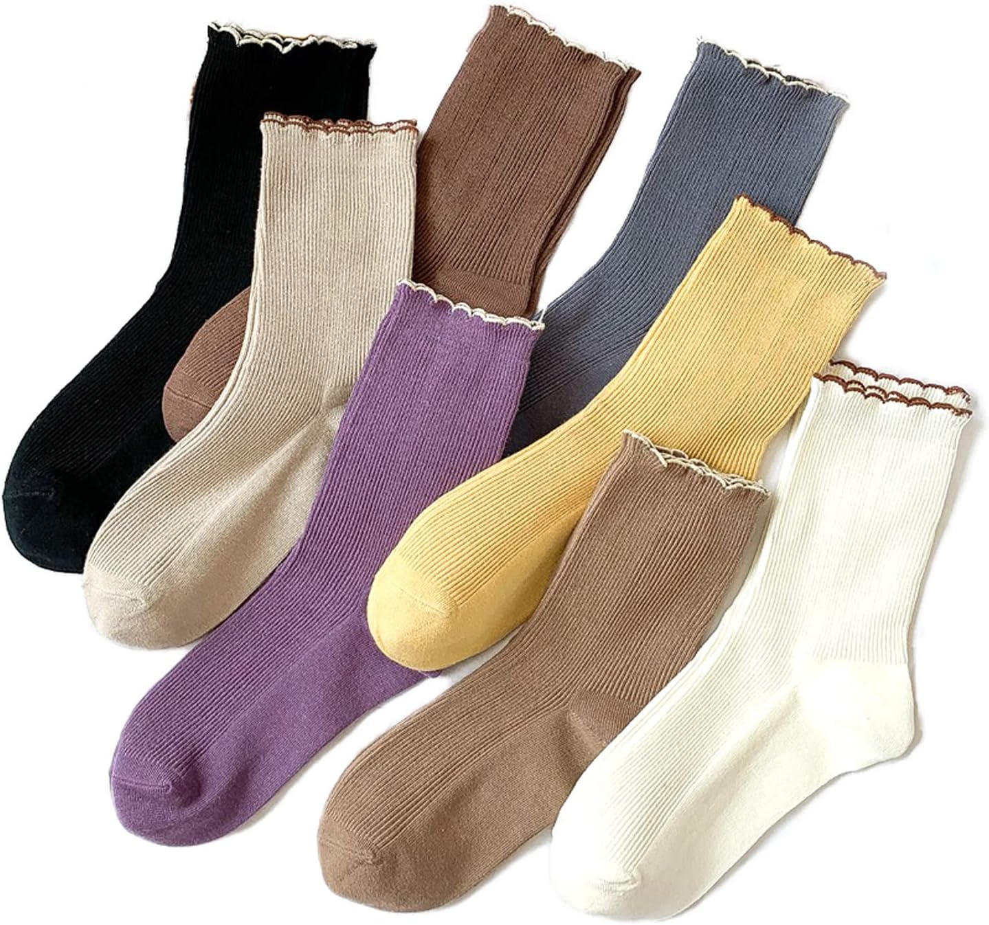 TeenFighter 8 Pairs of Cotton Crew Size Socks for Women in All Season, Ruffle Turn-Cuff Thin Knit Lettuce Frilly Sock, Solid Color Socks for Girls, Shoe Size 5-11