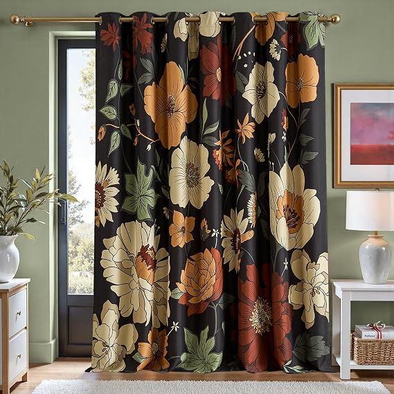 jinchan Black Boho Floral Blackout Curtains W100xL96 Grommet 1 Panel | Room darkening, Vintage, living room, bedroom, privacy, floral print, flower pattern, fall decor, window treatments