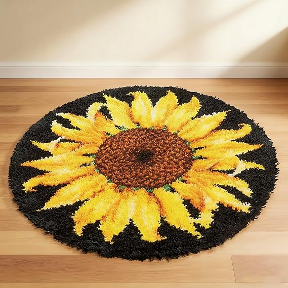 Latch Hook Rug Kit, DIY Rug Crochet Yarn Kits, Rug Making Kit with Crochet, Sunflower Pattern Printed, Embroidery Decoration, Latch Hook Kits Gift for Family Friends for Beginners, Adults 52 x 52 cm