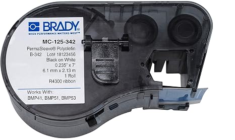 Brady - 143223 MC-125-342 Polyolefin B-342 Black on White Label Maker Cartridge, 7' Width x 15/64" Height, For BMP51/BMP53 Printers