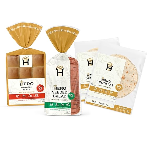 Hero Bread Hero Hits Bundle 0g Net Carb Hawaiian Rolls, Tortillas & 1g Net Carb Seeded Bread | 0g Sugar, High Fiber, 100 Calories per serving | Net Low Carb & Keto-Friendly