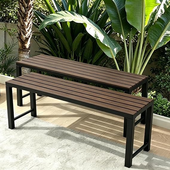 Walnut Outdoor Backless Bench for Garden, Set of 2, Outdoor Bench Weatherproof, Patio Benches for Outdoors, Benches Seat for Backyard, Porch, Plant Stand and Holder