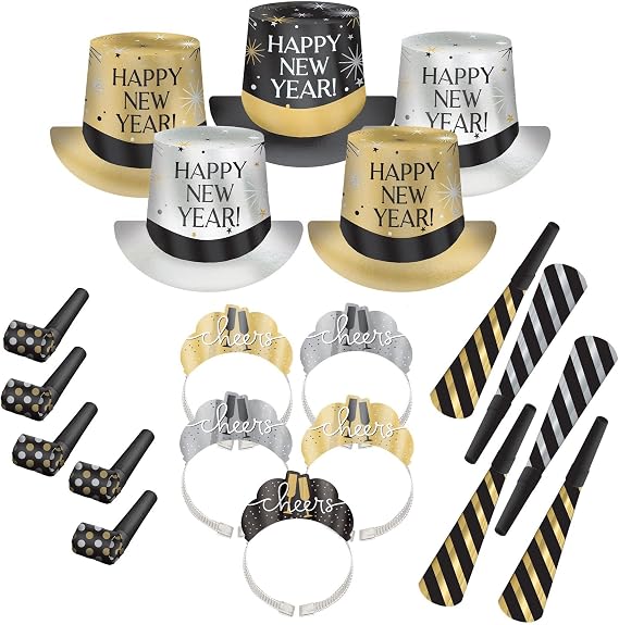 Amscan Party City New Years Eve 2025 Wearables and Noisemakers for 10 Guests, Party Supplies, Black, Gold and Silver, 20 Piece