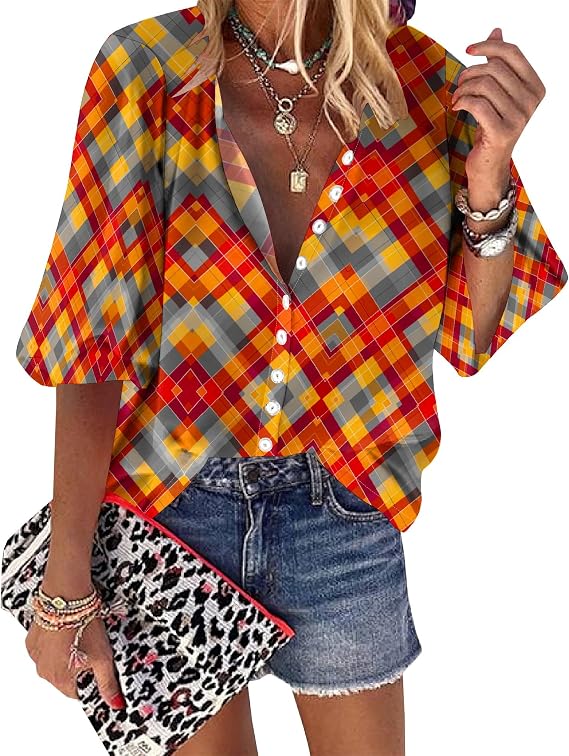 Womens 3/4 Sleeve Plaid Shirts Casual Button Down Loose Fit Rolled Up Summer Vintage Boyfriend Blouses Tops