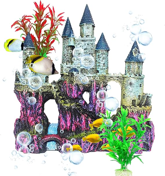 Aquarium Castle Decorations, Resin Castle for Fish Tank with Randomly Color Plants Decor Accessories for Freshwater and Saltwater Fish Tanks