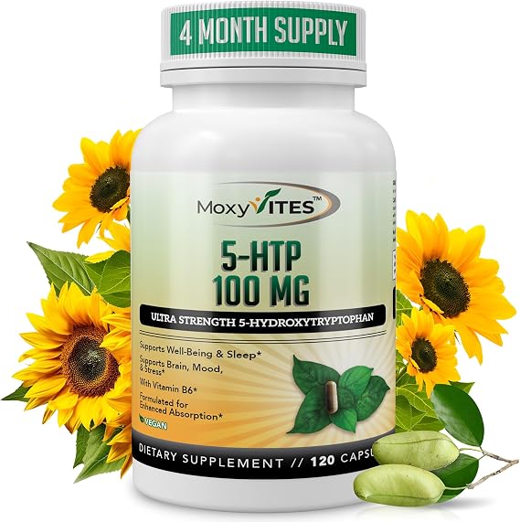 MoxyVites 5HTP 100mg Supplement, Plus B6, 5 HTP Organic Whole Food - Best Serotonin Booster - Non-GMO, 120 Vegan Capsules