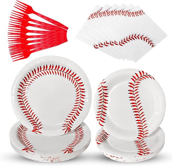 96 Pcs Baseball Party Supplies Bundle, 9 Inch & 7 Inch Baseball Plates -Paper Plates Napkins Forks For Sports Theme Birthday Party Decorations Serves 24