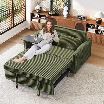 Antetek Convertible Sofa Bed, 3 in 1 Corduroy Fabric Pull Out Sleeper Loveseat Sofa Couch Bed with Movable Side Table & USB Charging Ports for Living Room Bedroom Guest Room, Metal Frame, Green