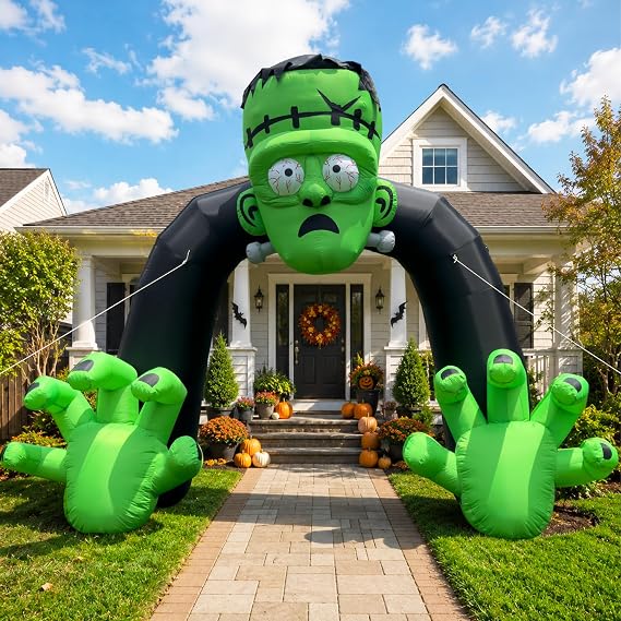 14FT Halloween Inflatable Archway with Built-in Blower, Blow Up Frankenstein Entrance Arch with Giant Claw Hands for Yard, Haunted House & Halloween Party Decor