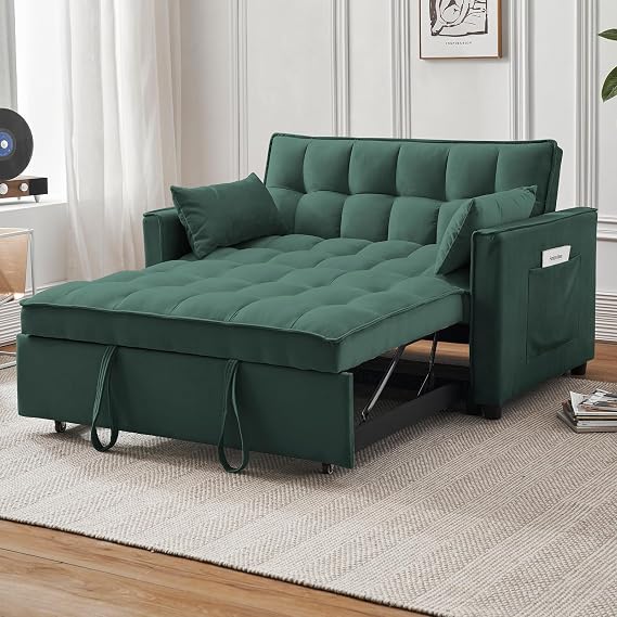 ECHINGLE Futon Sofa Bed, 3 in 1 Sleeper Sofa Couch Bed with Armrests, Storage Pockets and 2 Pillows, Adjustable Backrest, Sofa Bed Couch for Living Room, Bedroom, Office,Reading Room(Green)