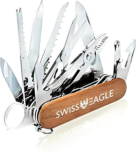 Swiss Eagle 30-in-1 Classic Pocket House Hold & Campaign Tool, Premium Multi Tool Pocket Tool with Blade, Scissor, Screwdriver, Plier, Magnifying Glass, Tweezer for Christmas Gifts - Brown