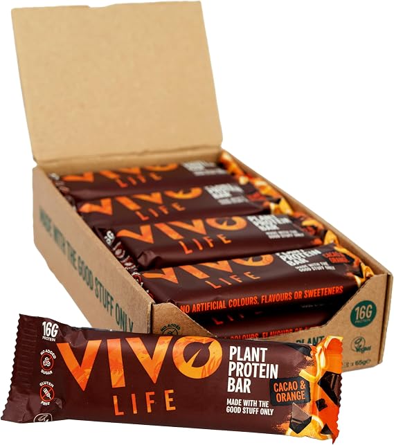 Vivo Life Plant Protein Bars, High Protein, 12 x 65g Pack (Cacao Orange)