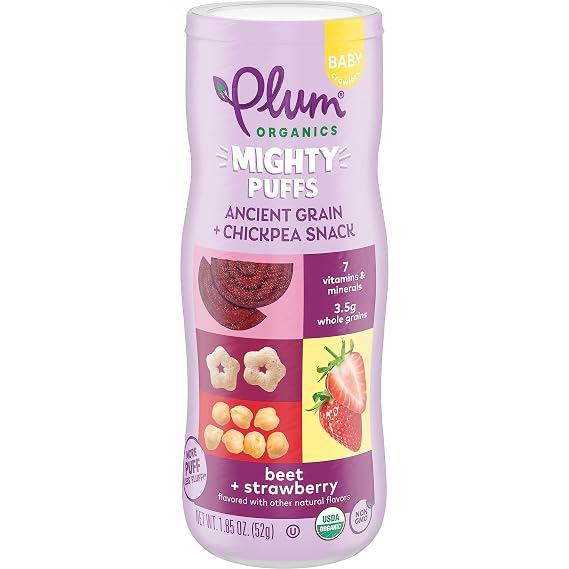 Plum Organics Mighty Puffs Organic Baby Food - Beet and Strawberry - 1.85 oz Canister - Ancient Grains and Chickpea Snacks
