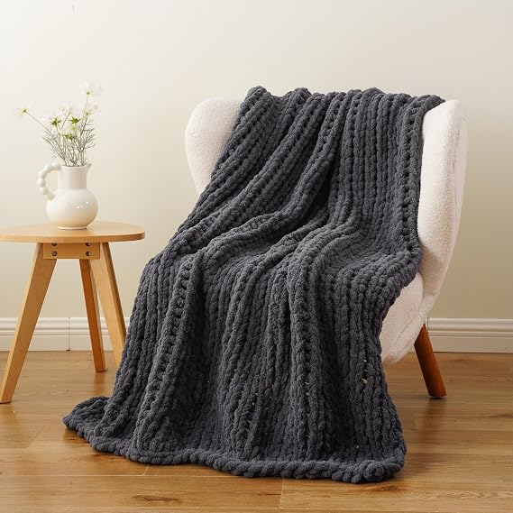 Battilo Chunky Knit Throw Blanket, Dark Grey Chenille Throw Blanket 50x60in