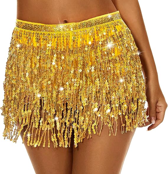 Women's Sequin Fringe Skirt Belly Dance Skirt Tassel Hip Scarf Multilayer for Halloween Party Festival Costume