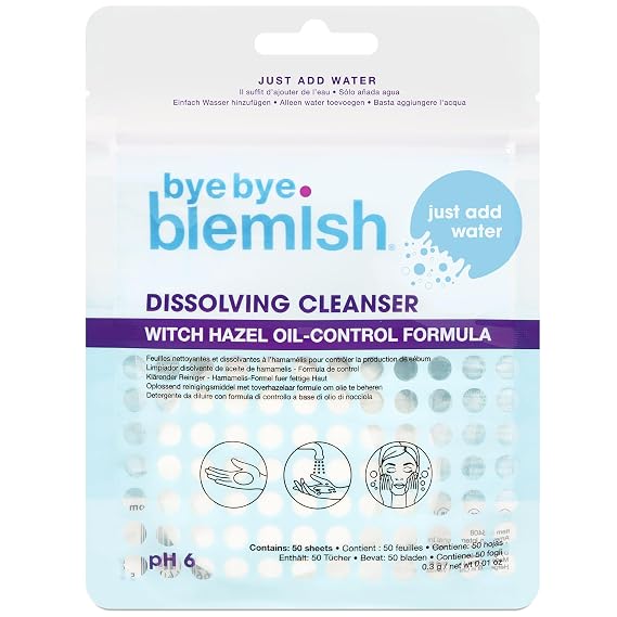 Bye Bye Blemish Dissolving Cleanser Sheets Witch Hazel Oil-Control Face Wash, Water-Activated Facial Paper Soap for Acne-Prone Skin, Removes Dirt & Excess Oil, 50 pcs