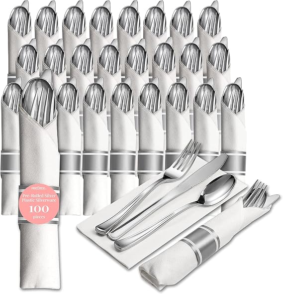 Prestee 25 Plastic Silverware Set, Pre-Rolled - 100pc Disposable Flatware with Forks, Knives, Spoons and White Napkins - Dinner Utensil Sets for Catering Supplies Buffet Display, Parties and Weddings
