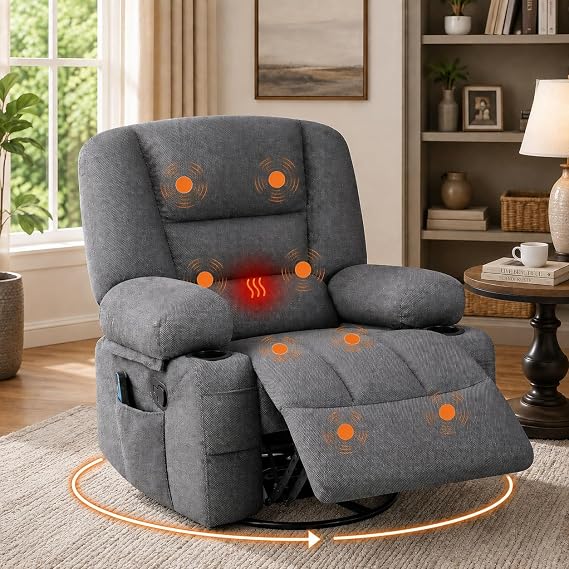 Massage Recliner Chair for Living Room, Chenille Rocker Recliner Chair for Adults with Vibration Massage and Heat, Adjustable Home Theater Seating for Living Room, Bedroom, 360 Swivel, Grey