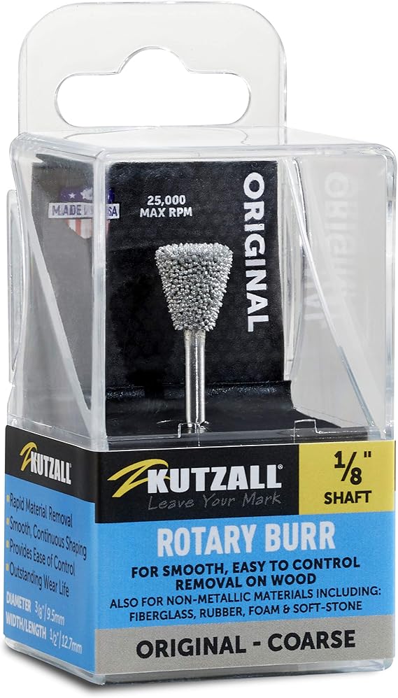 Kutzall Original Dove Tail Rotary Burr, 18" Shaft, Coarse - Wood Carving Bit for Dremel, Foredom, DeWalt, Milwaukee. Abrasive Tungsten Carbide, 38" (9.5mm) Dia. X 12" (12.7mm) Length, DT-38-E
