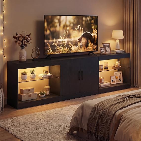 Giantex LED TV Stand for 85 Inch TV, Modern Entertainment Center with Power Outlets, Customizable LED Lights and Adjustable Glass Shelves, Media TV Console Table for Living Room, Bedroom (Black)