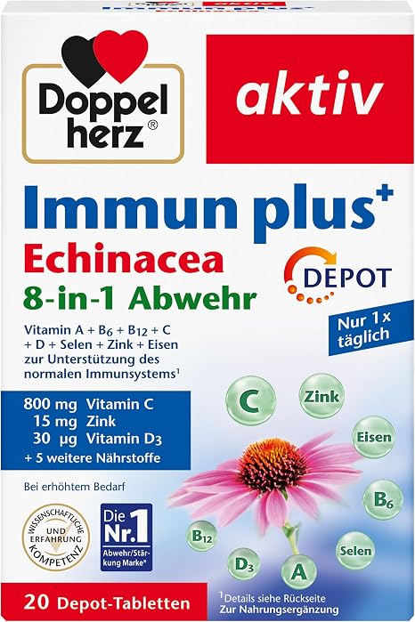 Doppelherz Immune Plus Echinacea 8-in-1 Defence - Depot With vitamin C vitamin D and zinc as a contribution to the normal functioning of the immune system - 20 depot tablets