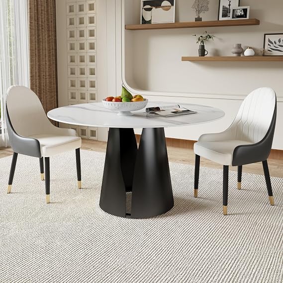 59 '' Round Dining Table for 6,Modern White Sintered Stone Kitchen Dinner Table with Strong Black Carbon Steel Pedestal, White Dining Table Set for Dining Room/Living Room (Table Only)