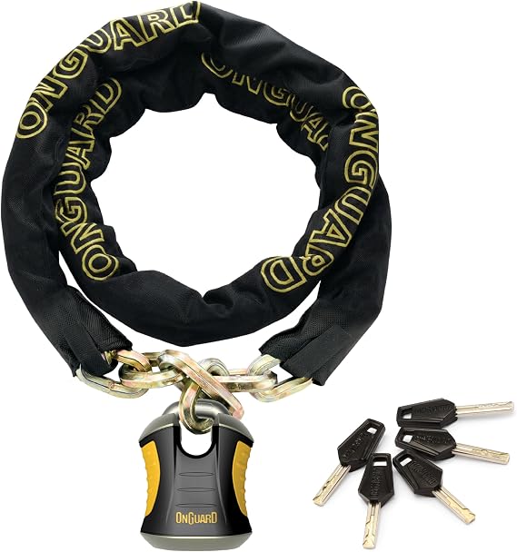 OnGuard Beast 6 ft Chain with X2 Padlock 12 mm Shackle, 10 mm Titanium-Reinforced Hardened Steel Chain (180 cm) X2P Dual Lock System, Protective Sleeve, 5 Laser-Cut Keys