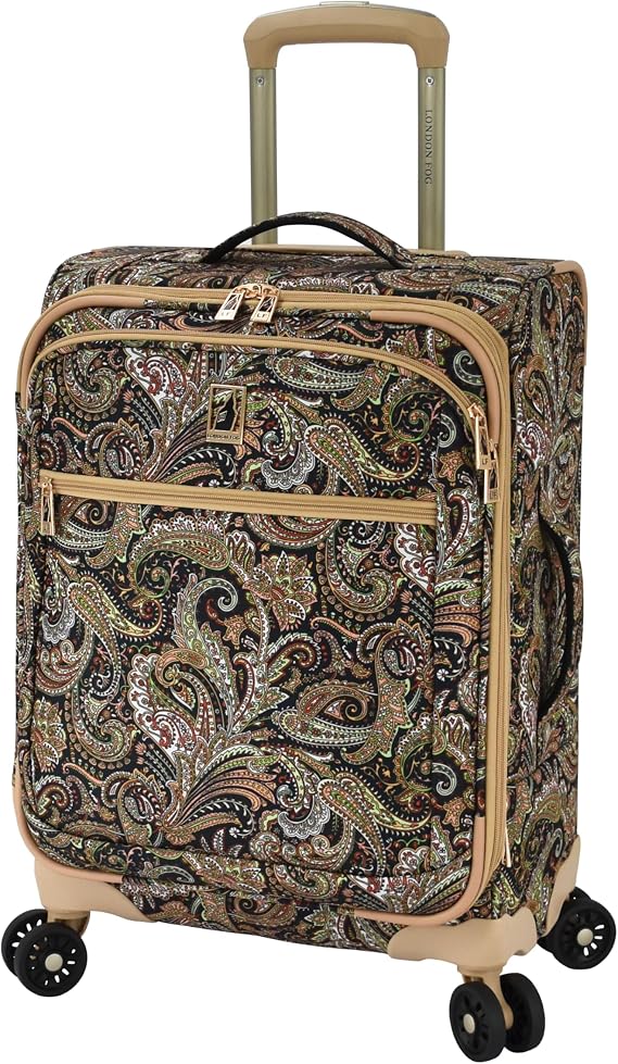 London Fog Mayfair 20 Inch Expandable Spinner Carry on Softside Suitcase, Black Sand Paisley