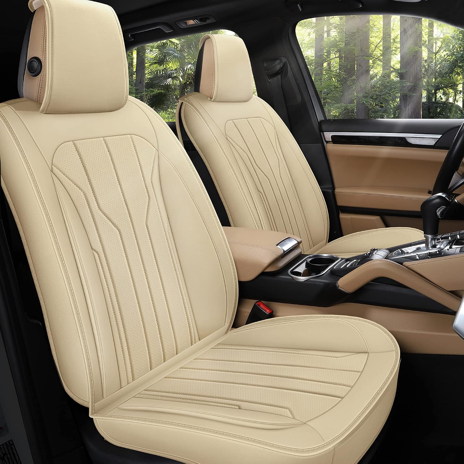 AOOG Leather Car Seat Covers, Leatherette Automotive Seat Covers for Cars SUV Pick-up Truck, Non-Slip Vehicle Car Seat Covers Universal Fit Set for Auto Interior Accessories, Front Pair, Beige