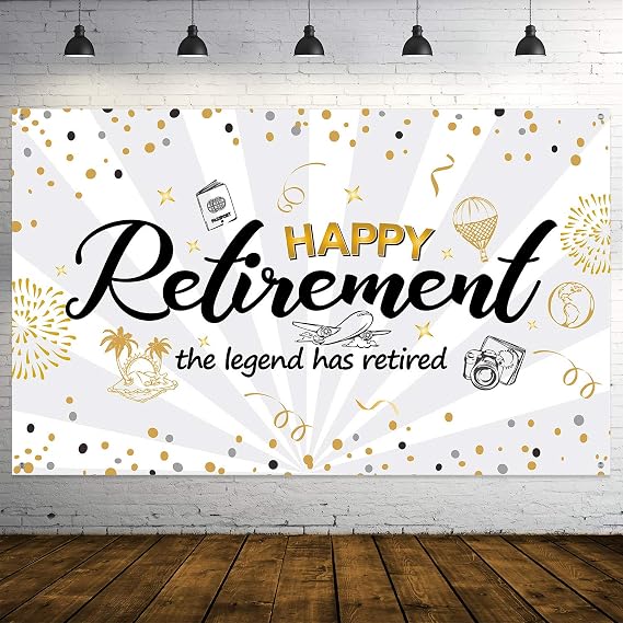 Happy Retirement Party Decorations,Extra Large Fabric Black Gold Sign Poster for Retirement Party Supplies, Photo Booth Backdrop Background Banner (White)