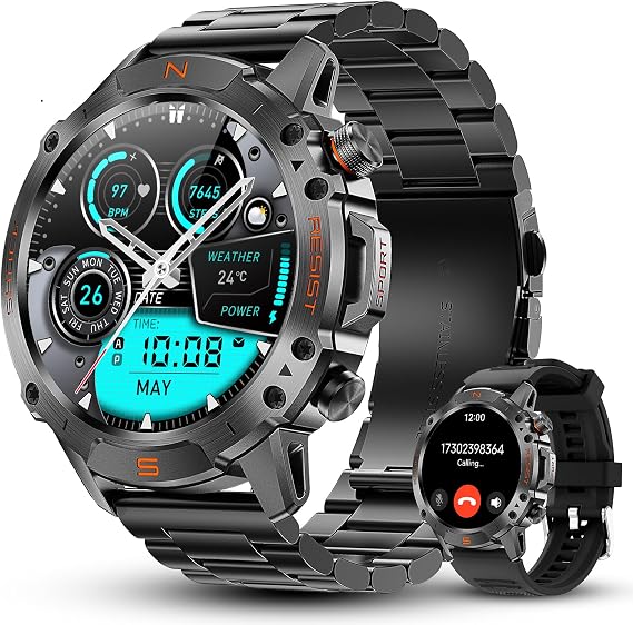 WalkerFit Erkekler için Akıllı Saat, 1,4 inç Yuvarlak AMOLED, Yüzmek için 5ATM Su Geçirmez, Nabız ve Uyku Monitörü, Uzun Pil, Açık Hava Etkinliği İzleyici, Ses Kontrolü ve Bluetooth Çağrısı, Android