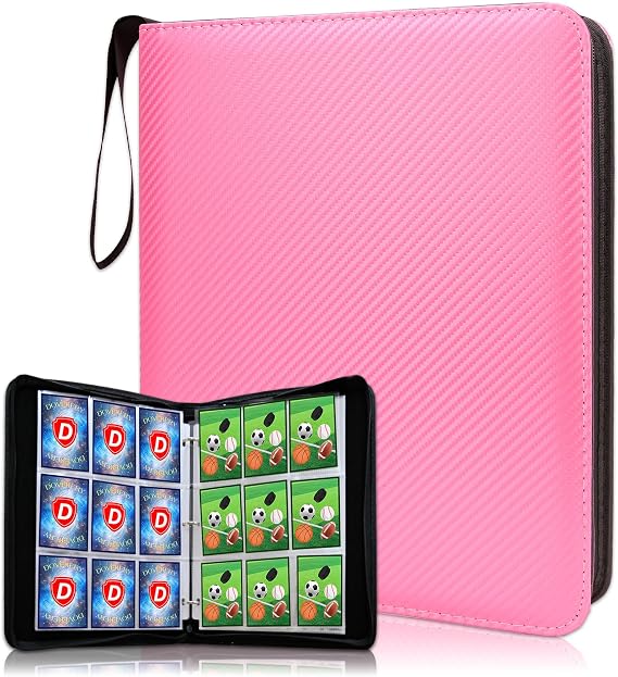 Trading Card Binder 9 Pocket, 1080 Cards Collection Folder with 60 Sleeves, Zipper Card Organizer Album for Baseball, Sports, Collectible Card(Pink, 9Pockets)