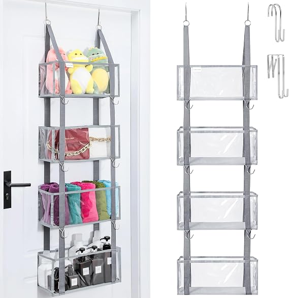 LUVHOMEE Over the Door Organiser, Pantry Hanging Shelves with 4 Large Clear Pockets, Dual-use or Wall Mount Diaper Toy Storage Bag for Closet, Dorm, Gray, w/Bottom Support, 15''x6''x53''
