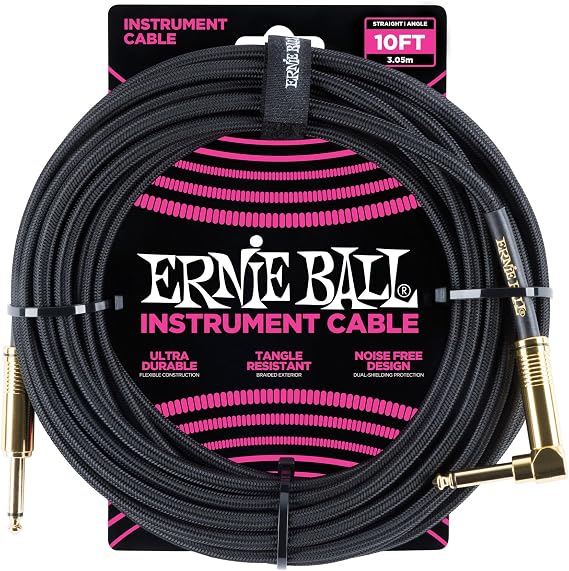 Ernie Ball Braided Instrument Cable, Straight/Angle, 10ft, Black (P06081)