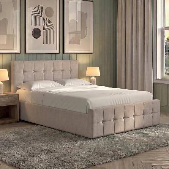 Vida Designs Valentina Double Ottoman Bed Frame | Beige Linen | 105 H x 144 W x 202 D cm | Upholstered Fabric Headboard | Gas Lift | Large Storage | Slatted Base | Premium Bedroom Furniture