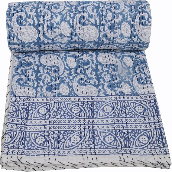 YUVANCRAFTS Indian Block Print Kantha Quilt Queen Size Throw Bedspread Blanket Cotton Bed Cover Vintage Boho Quilt (Twin 90 X 60 Inch, Blue)