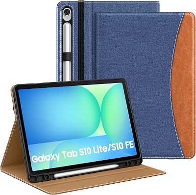 MoKo Case for Samsug Galaxy Tab S10 Lite S10 FE 2025 S9 FE 10.9 inch S9 11 inch 2023 with S Pen Holder, PU Leather Multi-Angle Protective Cover for Galaxy S10 Lite with Hand Strap, Blue & Brown