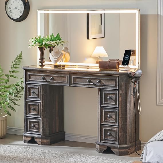 T4TREAM 48" Farmhouse Vanity Desk with Mirror and Lights,Makeup Vanity