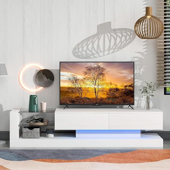 BAMACAR White TV Stand For 80 75+ 75 70 Inch TV, White TV Console For 75+ Inch TV, Entertainment Center For 75 75+ 80 Inch TV Stands For Living Room 75 75+ 80 Inch, LED TV Stand 80 75 70 Inch TV Table