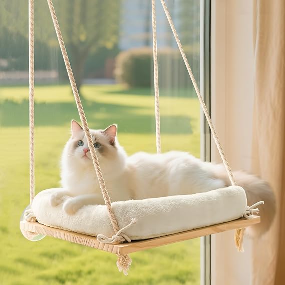 Cat Window Perch Hammock with Solid Wood Seat & Plush Cushion