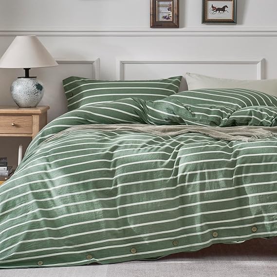 JELLYMONI Cotton Duvet Cover Queen Size - Green Striped Comforter Cover with Button 100% Washed Cotton 3PCS Breathable Soft Solid Bedding Set Duvet Cover 9090in & 2 Pillowcases (NO Comforter)
