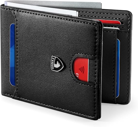 GSOIAX Mens Slim Wallet RFID Blocking Bifold wallets for men Minimalist Genuine Leather Carbon Fiber Card Holder Money Clip Thin Mens with Gift Box, Black (Black-1), 4.3 x 3 x 0.5 pulgadas, Slim