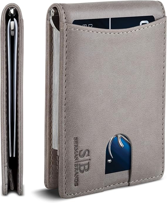 SERMAN BRANDS RFID Blocking Slim Bifold Genuine Leather Minimalist Front Pocket Wallet for Men with Money Clip Thin Gift, Slate Grey 1.S, Slim