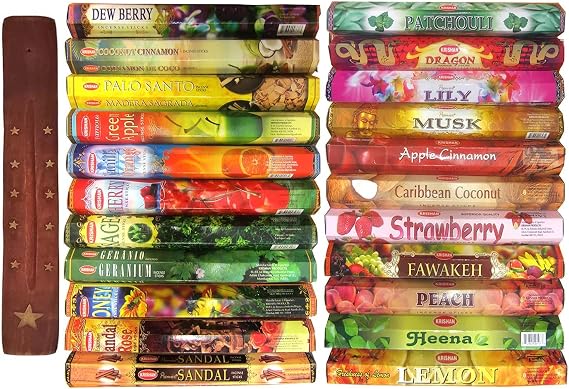 Krishan Incense Sticks Fruity Assorted Fragrance Cherry Coconut Apple Cinnamon Peach Vanilla Orange Strawberry Scents Home Stress Relief Meditation 12 pack 240 Sticks Free Wooden Incense Holder