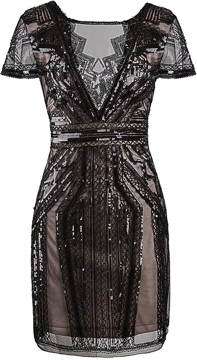 Vijiv Women 1920s Sequin Beaded Flapper Dress Art Deco Roaring 20s Dresses | 1920s Gatsby vintage flapper dress with shiny sequins, V-neck short cut for prom, cocktail, homecoming & night party