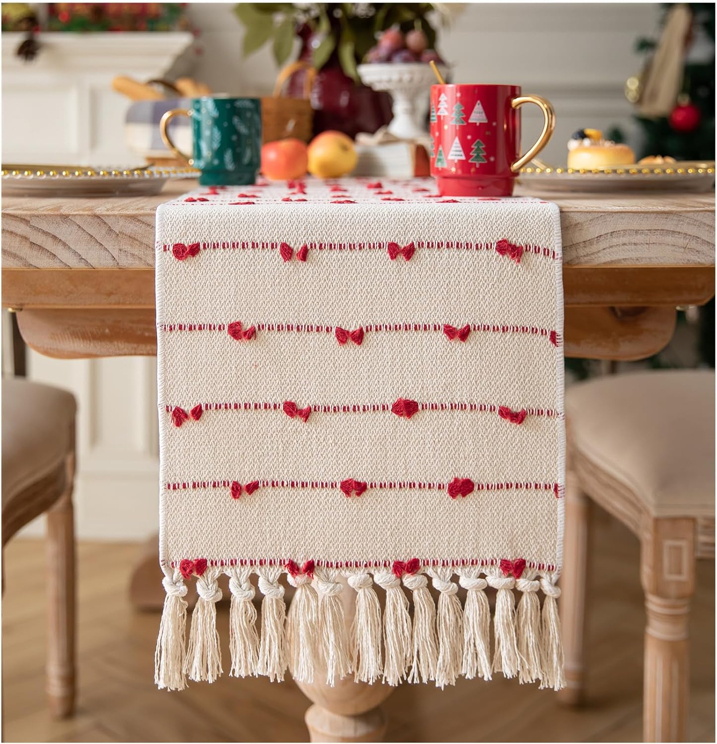 Caflife Christmas Table Runner 72 Inchs Long for Modern Farmhouse Room Home Christmas Decorations, Boho Red Table Runner, Natural Cotton Woven with Tassels for Holiday Kitchen and Dining Table Decor