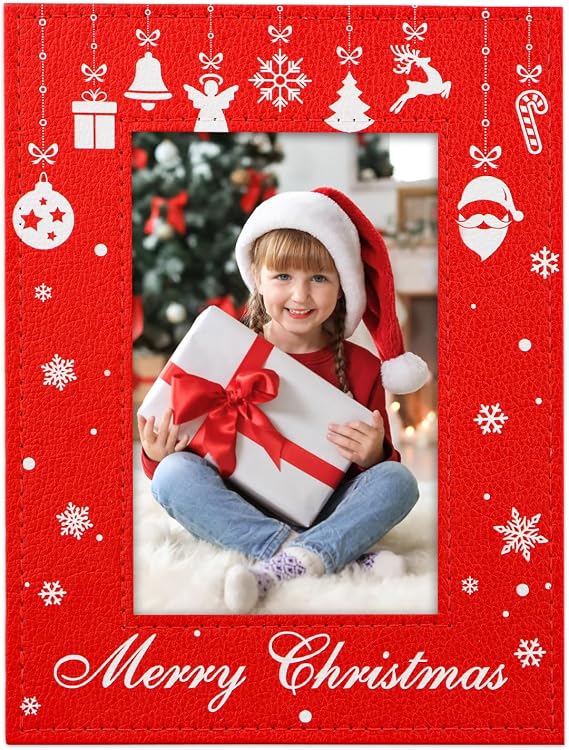 2026 Christmas Picture Frame, 4x6 Red Leather & Wooden Frame