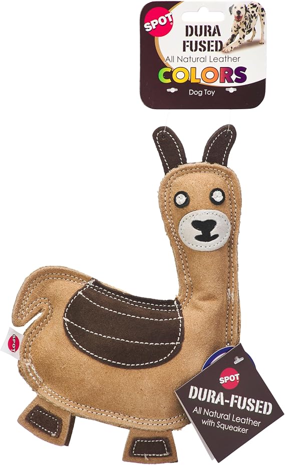 SPOT Dura-Fused Colors Llama Durable Stuffed Dog Toy with Squeaker, Made with Real Leather & Jute Fabric, Plush Toy for Moderate Chewers, 9-Inch Dog & Puppy Toy, 1 Piece, Color May Vary