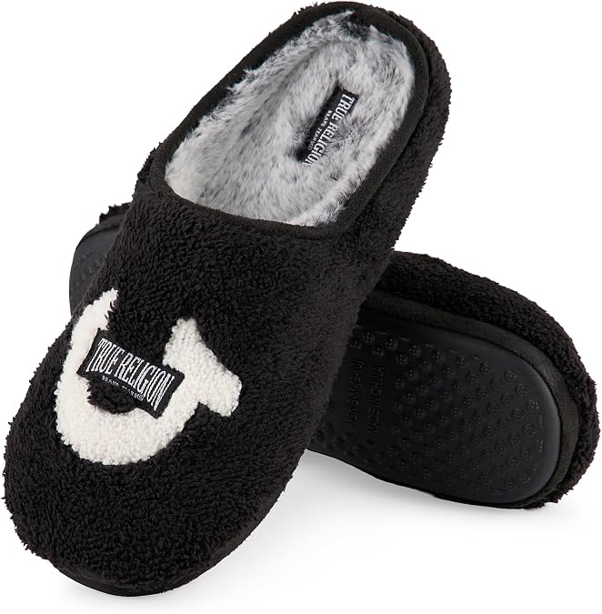 True Religion Mens Slippers House Slippers for Men - Fuzzy Soft Indoor and Outdoor